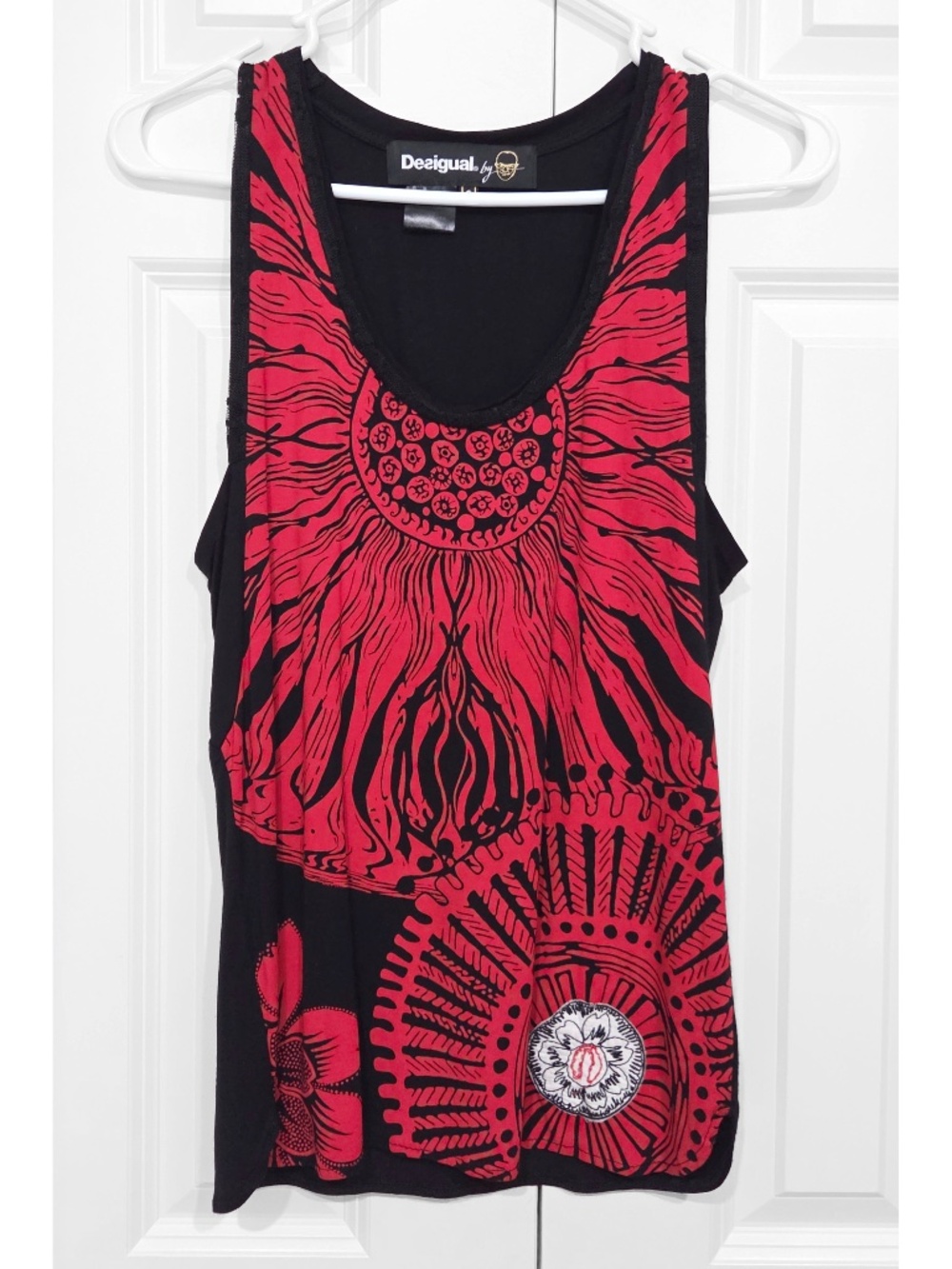 Desigual Black Red Floral Flowy Tank Top Women Size XS